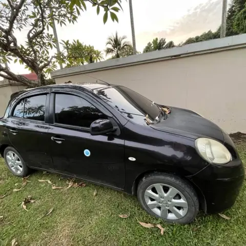 A black compact car parked on grass